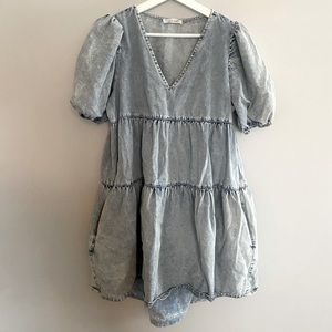 Denim Dress Short Tier Flowy Puff Sleeve